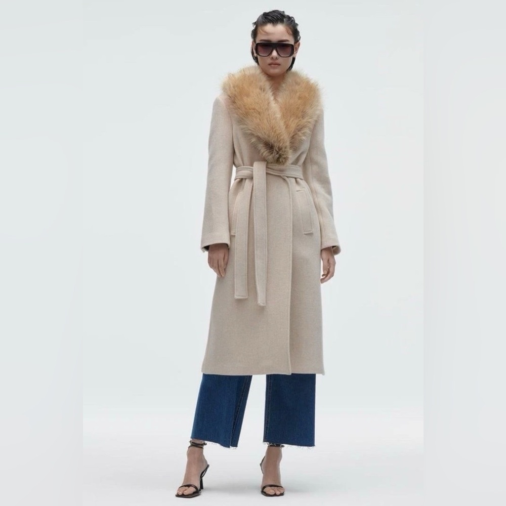 NWT ZARA Wool Blend Faux Fur Lapel Beige Long Jacket Sz M